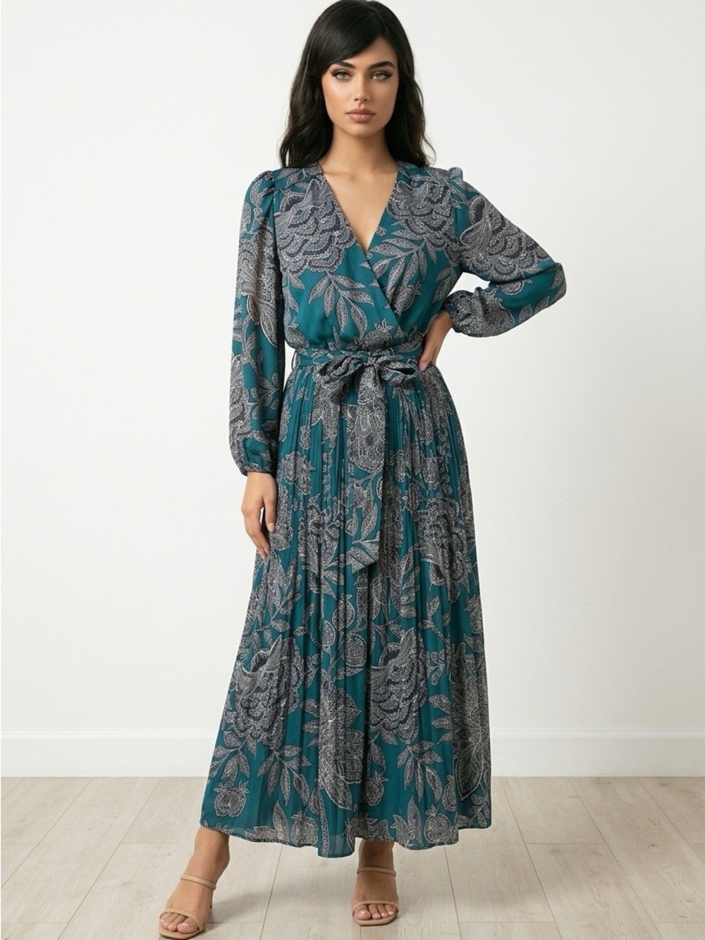 Ryegrass Teal Floral Pleated Midi Dress NWT Small